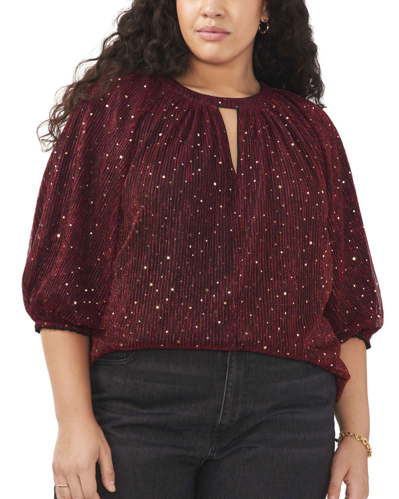Front of a model wearing a size 1X Maeve Dolman Sleeve Blouse in DARK WINE by Vince Camuto. | dia_product_style_image_id:260911